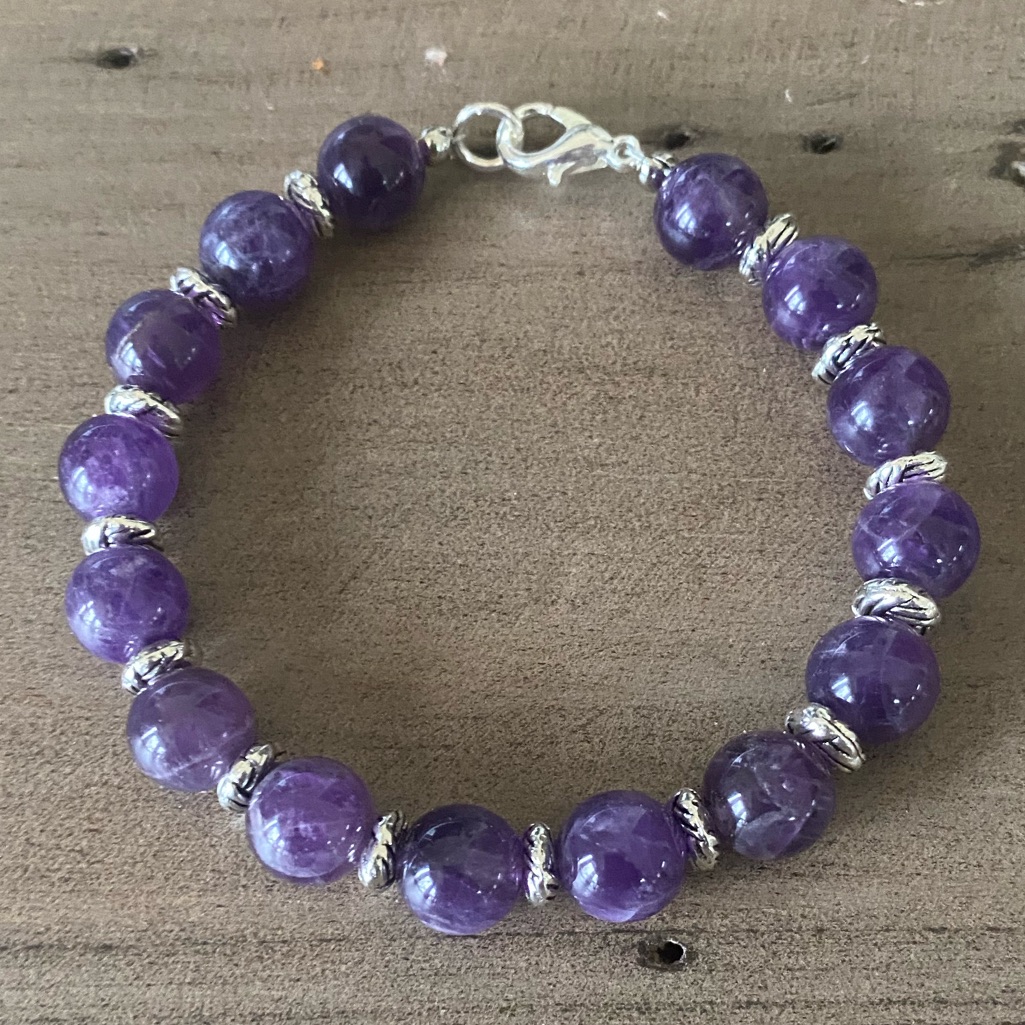 Genuine Amethyst Bracelet And Silver Tone Accents 7”